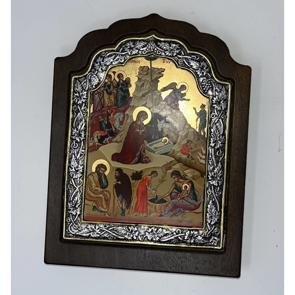 Homage To Byzantine Icon Greece Sterling silver 24K Gold Hanging Icono 6.5x8.5